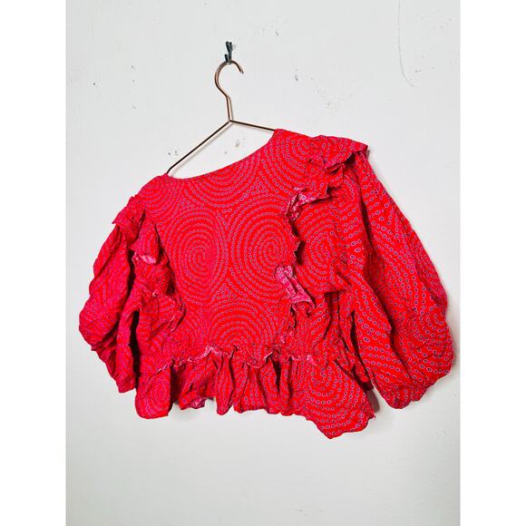 RHODE Red Printed 100% Cotton Short Sleeve V-Neckline Puff Sleeves Top size XL - Picture 3 of 16
